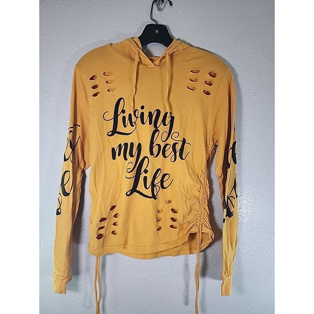 On‎ Fire Women's Long Sleeve Hooded T-Shirt Yellow Best Life Distressed Size Lg